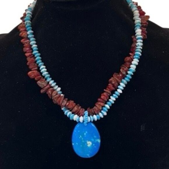 Vintage Hawaiian Vacation Necklace Women's Blue Red Double Strand Beaded Chips - Picture 2 of 6